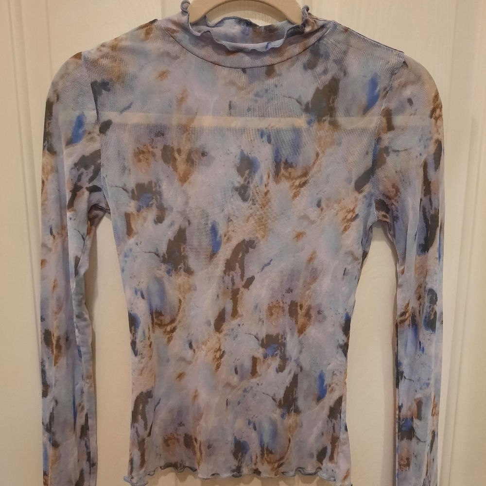 Light blue Mesh mock neck long sleeve top